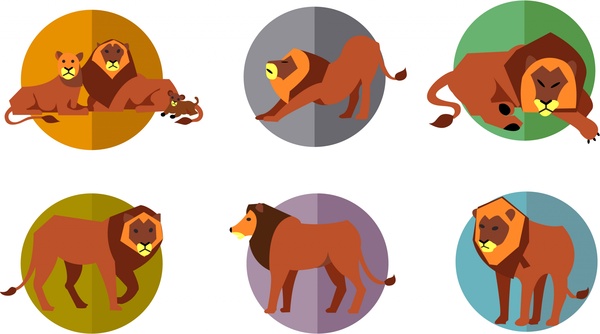 singa ikon set dengan berbagai berpose gaya