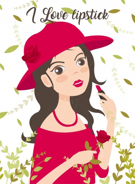 口红广告年轻女孩图标花卉装饰