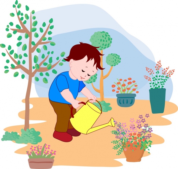 kleine Junge Bewässerung Blumen Hintergrund farbige Cartoon Dekor
