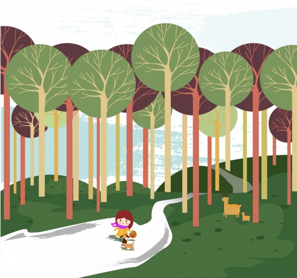 森林背景小女孩彩色卡通畫