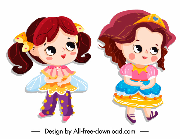 công chúa nhỏ các biểu tượng nhân vật hoạt hình dễ thương đầy màu sắc thiết kế