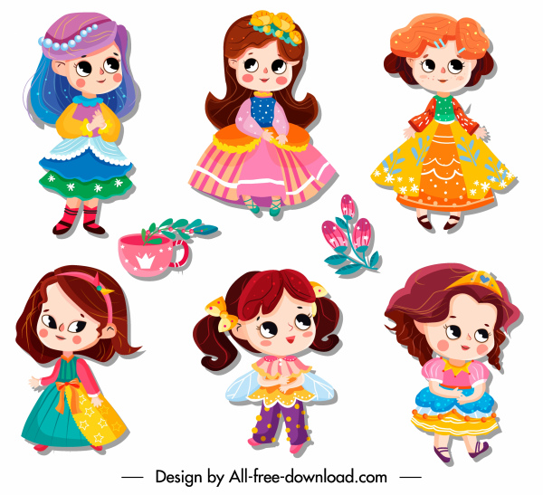 pequena princesa ícones bonito cartoon personagens esboço
