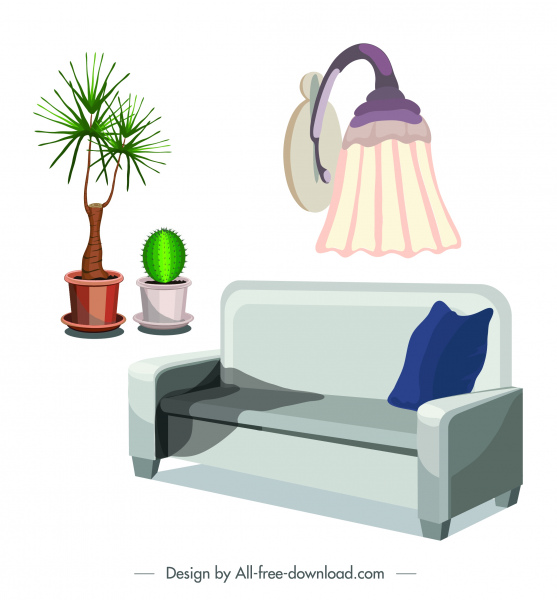 Ruang mebel ikon sofa pot bunga cahaya sketsa