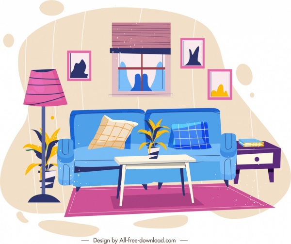 غرفة المعيشة قالب رسم الحديثة الملونة