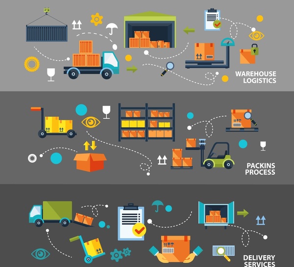 ilustração de conceitos de logística com ícones de armazém e entrega