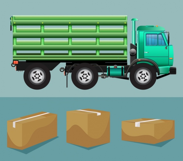 Elemento de diseño logístico de cajas de camiones de carga de los iconos