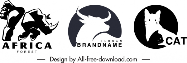 plantillas de logotipo gorrila gato búfalo boceto plano dibujado a mano