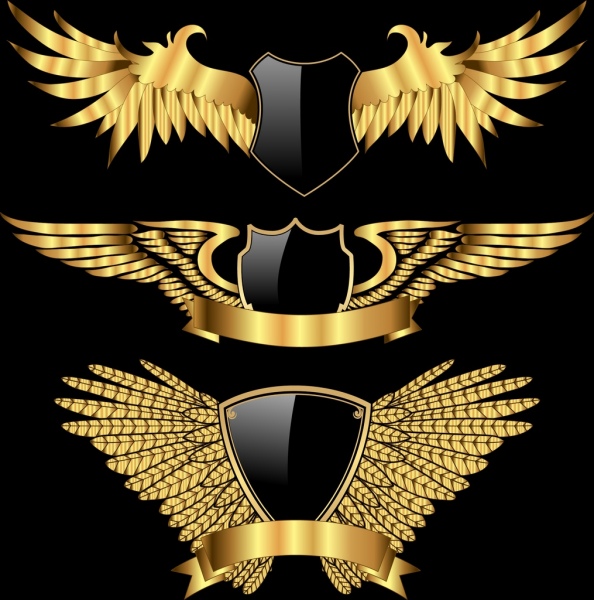 标志收集翅膀盾图标闪亮的金色装饰