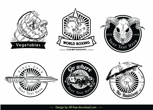 Logotype şablonları retro siyah beyaz amblem dekor