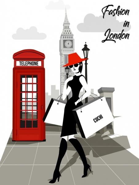 런던, 유행, 기치, 레이디, 경계표, 아이콘들, 만화 디자인