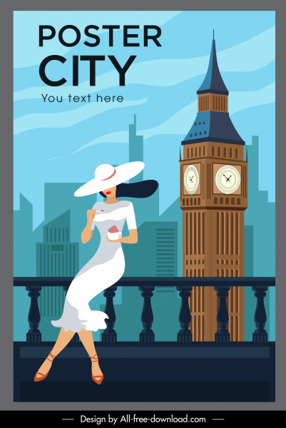London Landmark Poster Elegant Lady Tower Cartoon Sketch