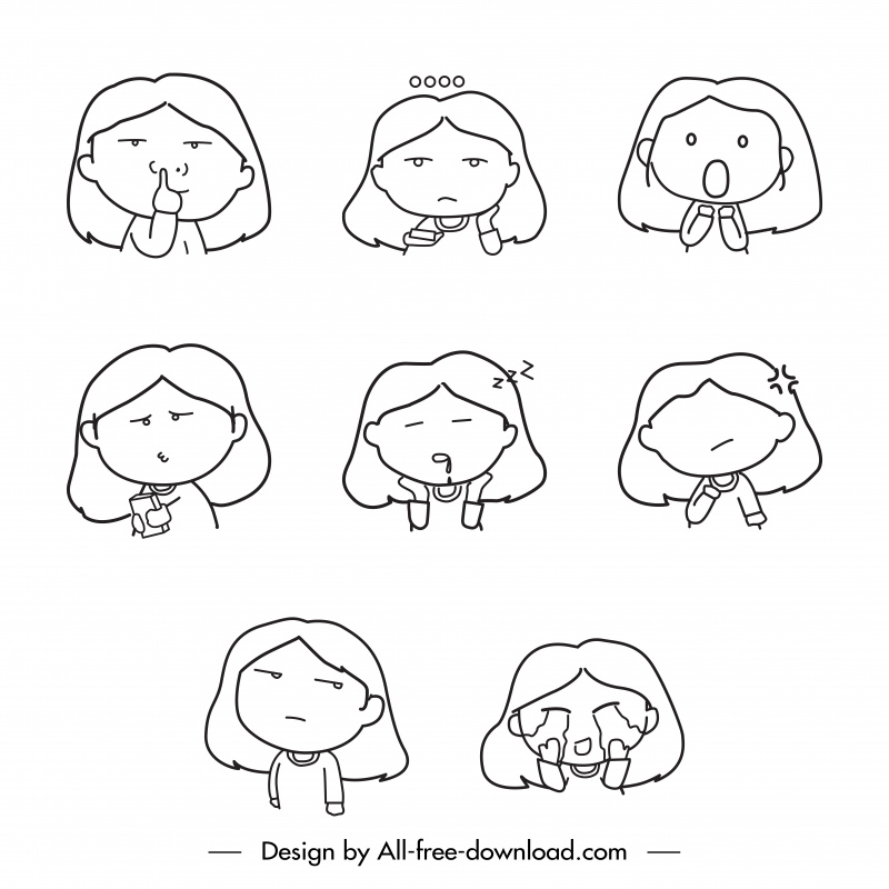 El icono de Lonely Girl establece divertidos bocetos de dibujos animados dibujados a mano