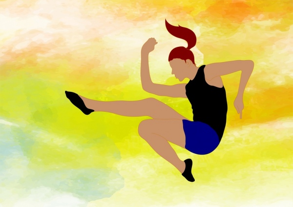 atlet lompat jauh menggambar dekorasi berwarna air