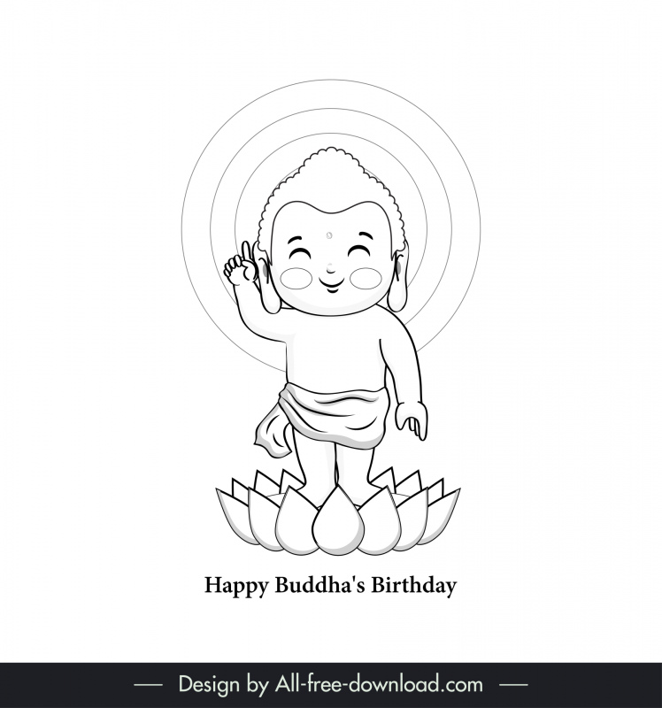 仏陀は幸せなベサクの日の概念アイコンを黒く白手描きの輪郭で生まれました