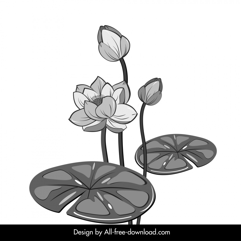 icono de flor de loto clásico negro blanco contorno dibujado a mano