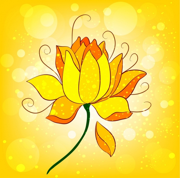 Biểu tượng hoa sen vàng lấp lánh những bức phác họa nhân vật hoạt hình thiết kế.