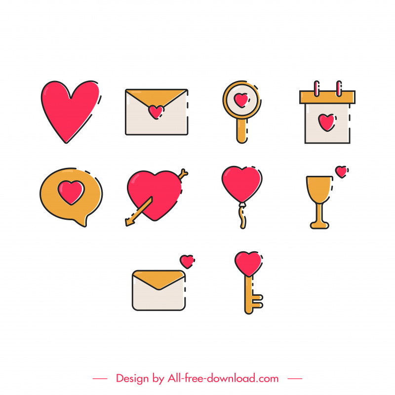 Love Anniversary Icon Sets Flache klassische Symbole Skizze