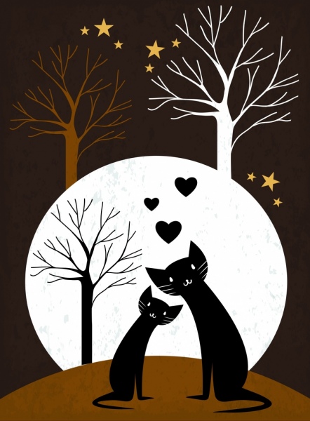 Amor fondo gatos negros corazones arboles sin hojas iconos