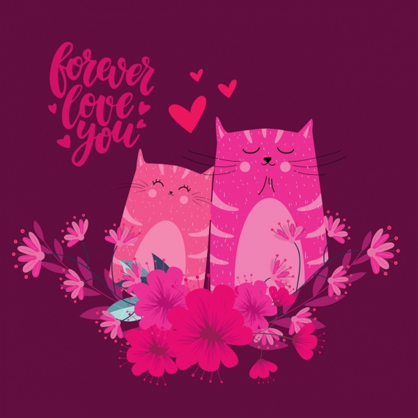 愛橫幅貓情侶圖示暗粉紅色設計