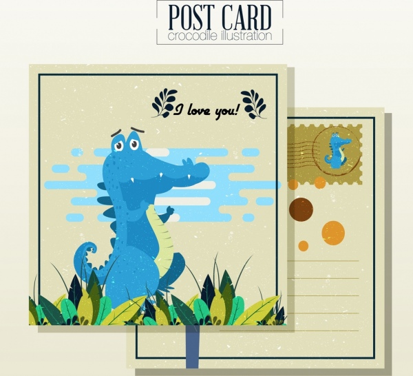 Cinta desain kartu pos template buaya ikon kartun lucu