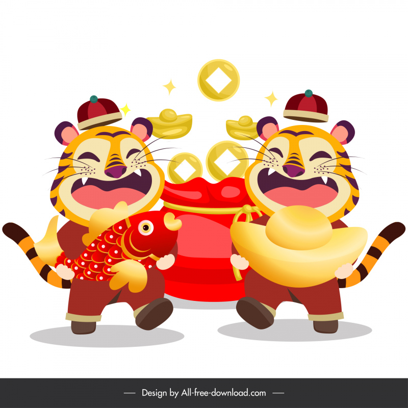 лунный новогодний баннер забавные стилизованные тигры персонажи эскиз