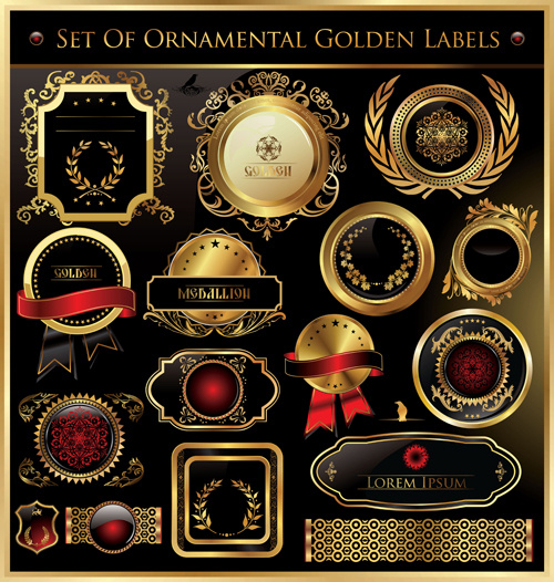 vector de diseño de etiquetas y lujosos marcos dorados