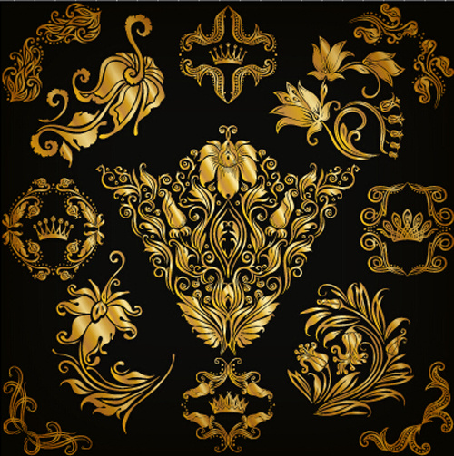adornos de lujo floral vectores oro