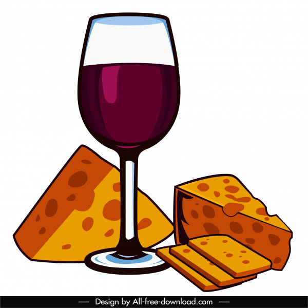 Luxus-Mahlzeit-Ikone Weinglas-Käse-Skizze klassische handgezeichnet