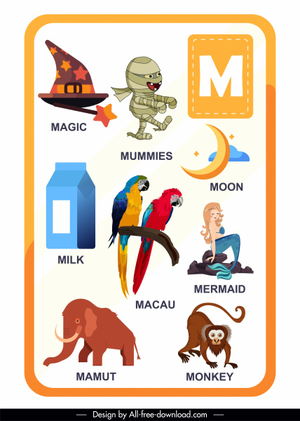 m alfabet pendidikan template warna-warni lambang sketsa