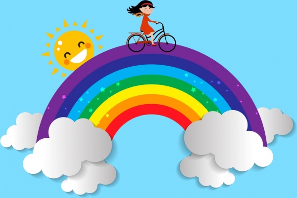 magia de fundo ícones pequenos garota equitação da bicicleta arco-íris