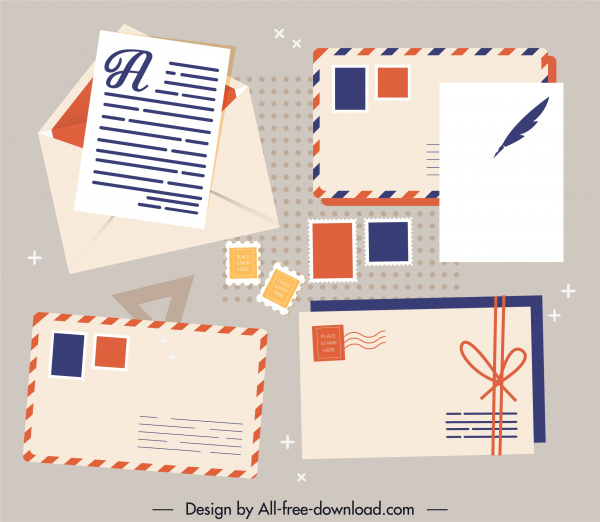elemen desain surat, amplop, perangko, sketsa, desain klasik
