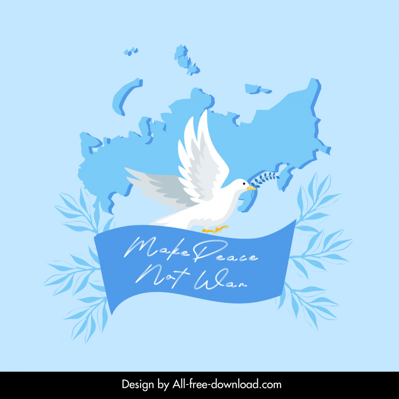 Make Peace Not War Typography Plantilla de banner Dove Ribbon Leaves Rusia Decoración del mapa