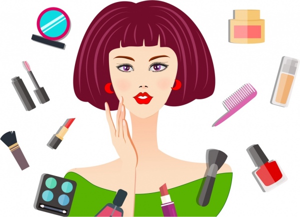 Anuncios de mujer accesorios de maquillaje los iconos de diseño de dibujos animados