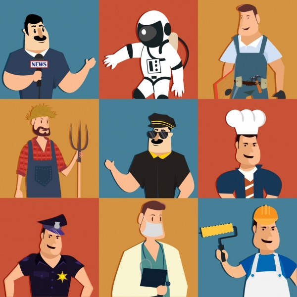 colección de iconos de profesión masculina coloreada personajes de dibujos animados