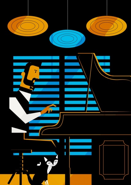 男子演奏钢琴画彩色卡通设计