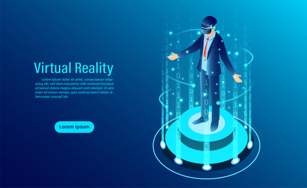 pria memakai VR Goggle dengan antarmuka menyentuh ke realitas dunia maya teknologi masa depan datar vektor ilustrasi isometrik
