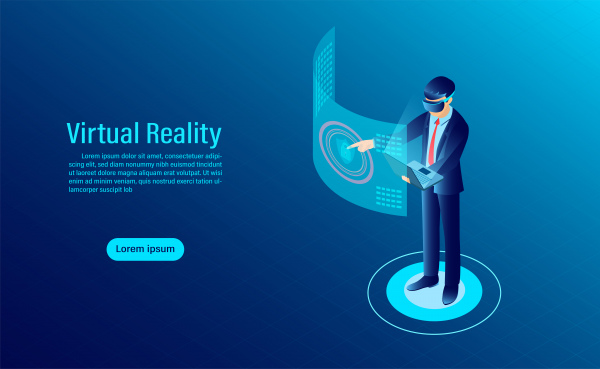 pria memakai VR Goggle dengan antarmuka menyentuh ke realitas dunia maya teknologi masa depan datar vektor ilustrasi isometrik