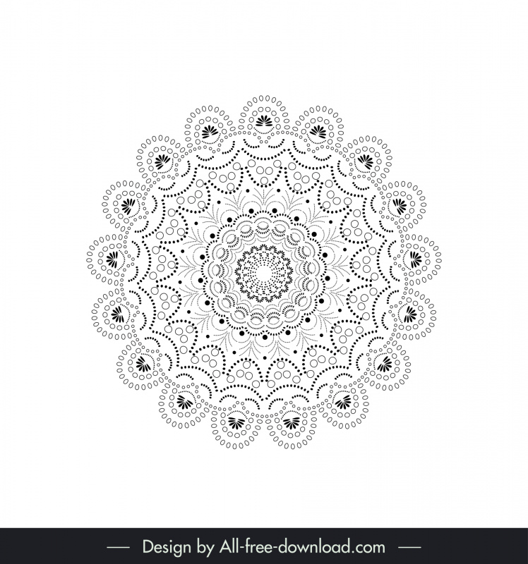 Mandala Botânica elemento de design preto branco simétrico repetindo contorno de forma de círculo