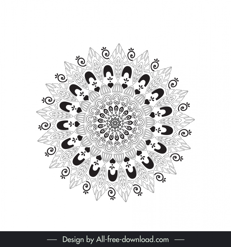 曼荼羅の花のデザインエレメント黒白対称錯視アウトライン