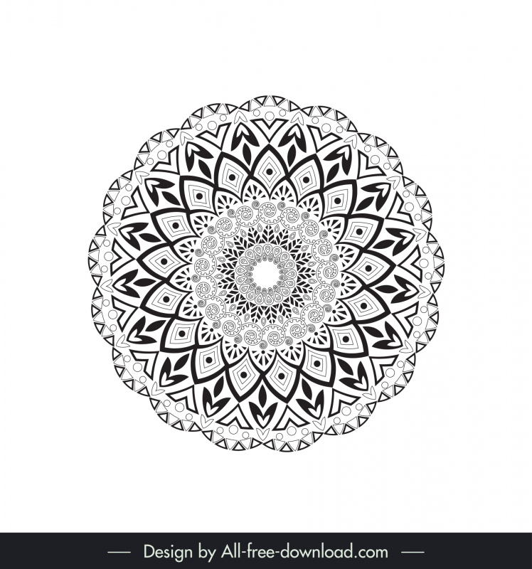 曼荼羅の花のアイコンフラット黒白妄想対称繰り返し装飾アウトライン