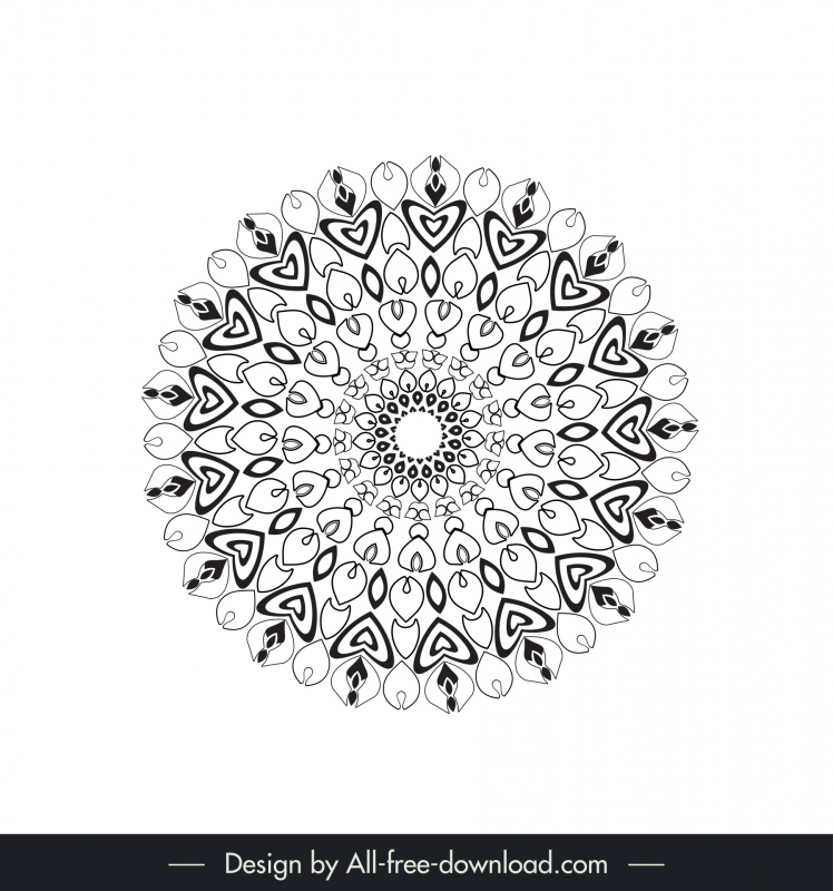 ícone da flor da mandala liso preto branco simétrico repetindo contorno da ilusão