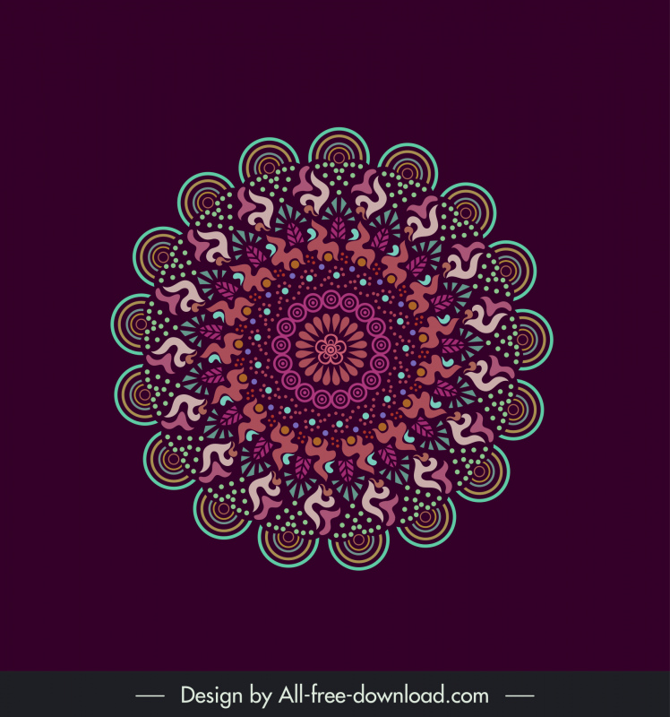 Mandala Flower Icon Symmetrical Circle Form Dark Retro Design