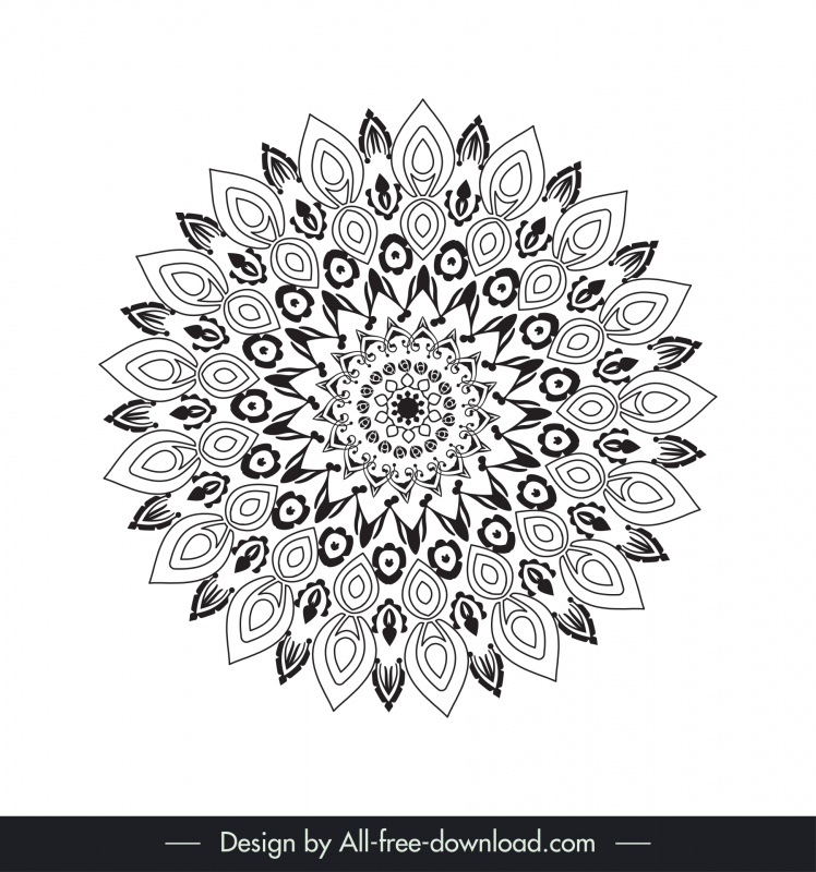  Mandala-Zeichen-Symbol schwarz weiß flach symmetrische Illusion Skizze