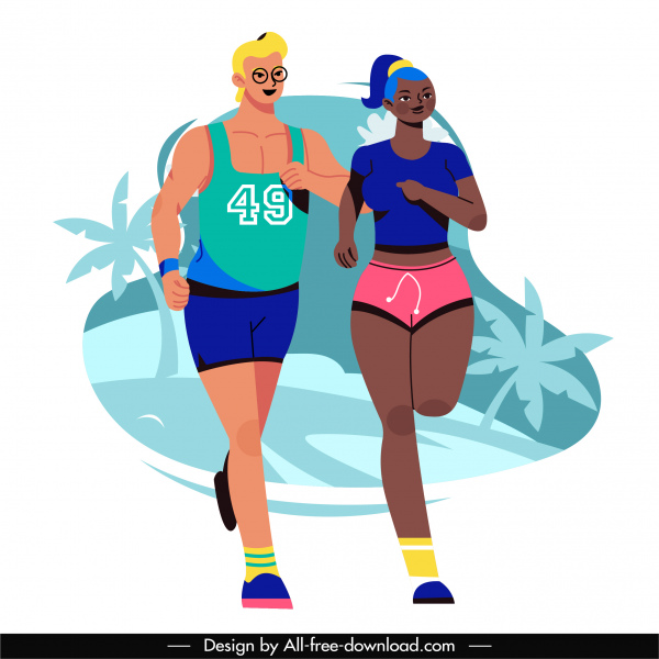 maratón icono corriendo atletas esbozar personajes de dibujos animados