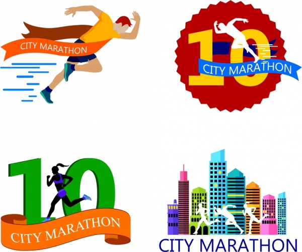 maratona corrida logotipos executando ícones humanos projeto colorido