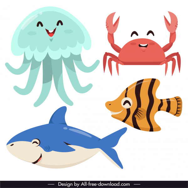морские животные иконки забавный мультяшный персонаж эскиз