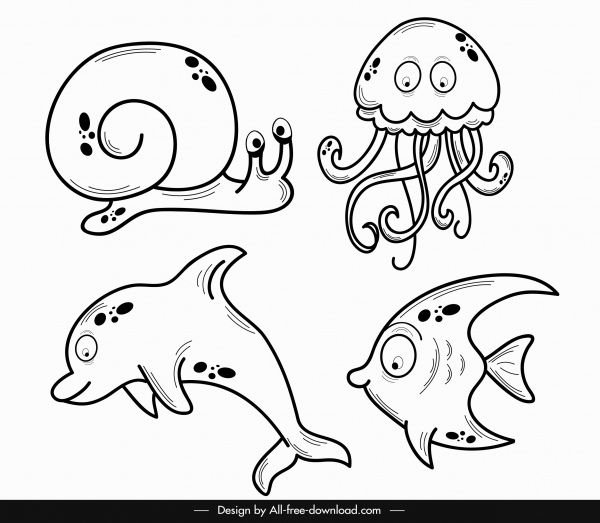 해양 동물 아이콘 달팽이 물고기 돌고래 문어 스케치