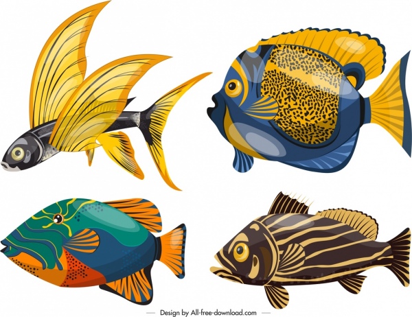 projeto colorido de ícones de espécies de peixes de fundo marinho