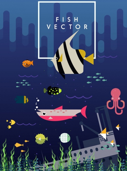 fundo marinho peixes submarino ícones coloridos dos desenhos animados
