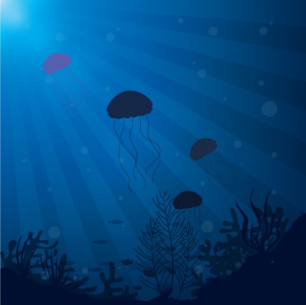 해양 배경 젤리 물고기 장식 다크 블루 디자인